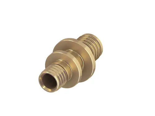 Kupplung aus Messing mit zwei Verbindungsstücken, die in der Mitte durch eine Kante getrennt sind. Produkt von TECE, geeignet für Rohrverbindungen.